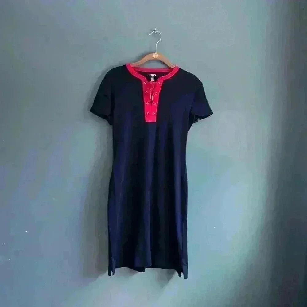 Chaps, navy blue, tie up chest, red collar, dress women’s size M